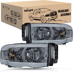 2002-2005 Dodge Ram 1500/2003-2005 Dodge Ram 2500 3500 Headlight Assembly Smoke Case Clear Reflector