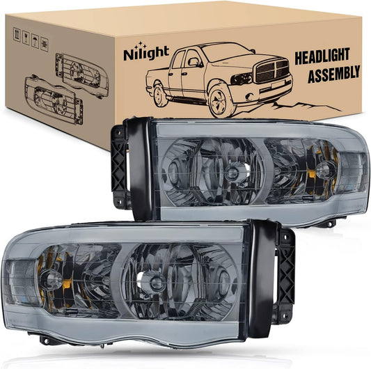 2002-2005 Dodge Ram 1500/2003-2005 Dodge Ram 2500 3500 Headlight Assembly Smoke Case Clear Reflector Nilight