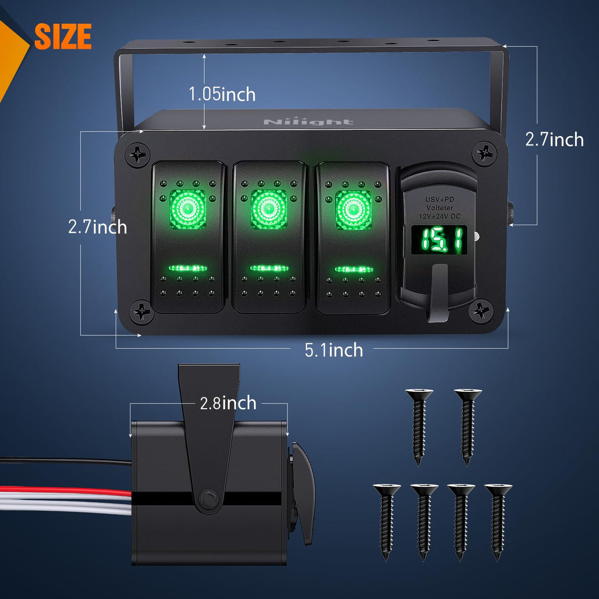 Rocker Switch 3 Gang Rocker Switch Box 12V SPST ON Off Toggle Switches PD Type C and QC USB Charger Voltmeter LED Light Waterproof Aluminum Mount Bracket Panel DIY Stickers for Boat Car RV Truck