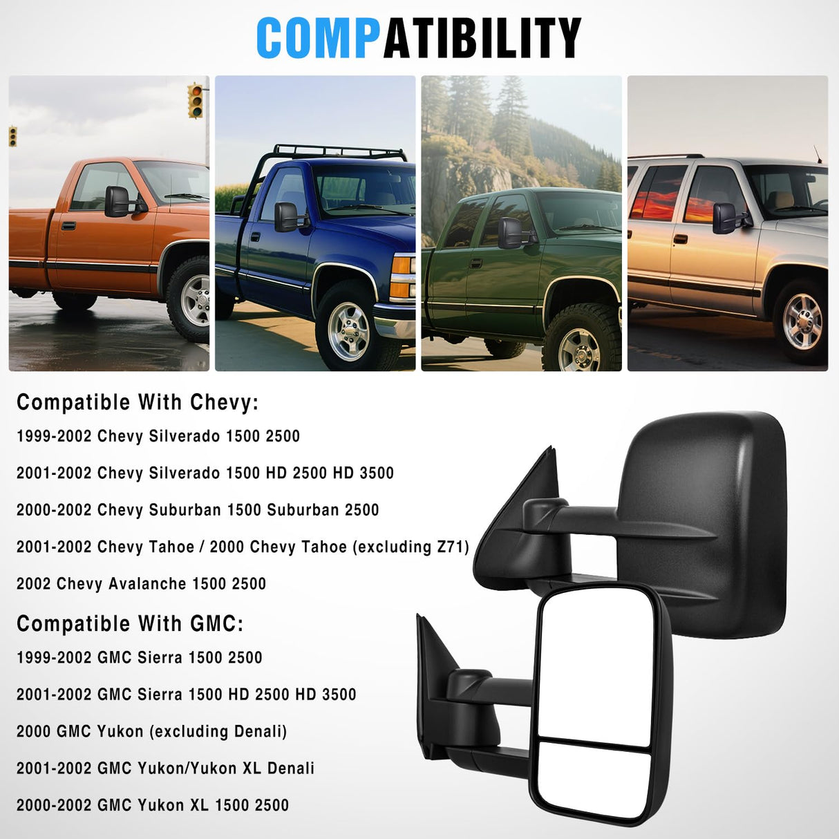 Towing Mirrors Manual Adjusted Flat Convex Glass Telescoping Folding Compatible With 1999-2002 Chevy Silverado GMC Sierra 1500 2500 3500 Suburban Tahoe Avalanche Yukon