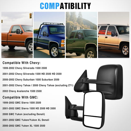 Towing Mirrors Manual Adjusted Flat Convex Glass Telescoping Folding Compatible With 1999-2002 Chevy Silverado GMC Sierra 1500 2500 3500 Suburban Tahoe Avalanche Yukon