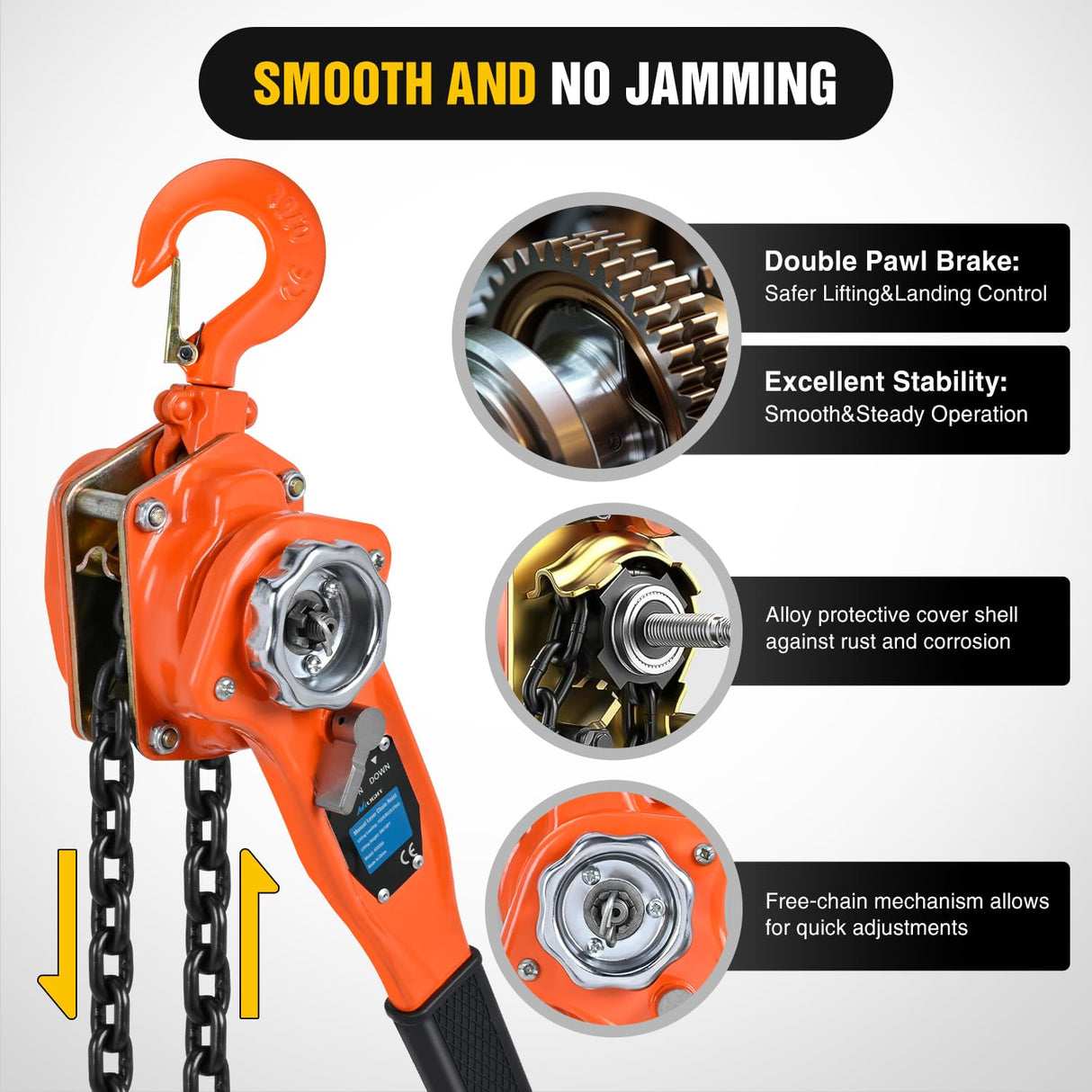 3/4 Ton 1650 lbs Manual Lever Chain Hoist G80 Galvanized Carbon Steel with Weston Double-Pawl Brake Auto Chain Leading & 360° Rotation Hook for Garage Factory Dock