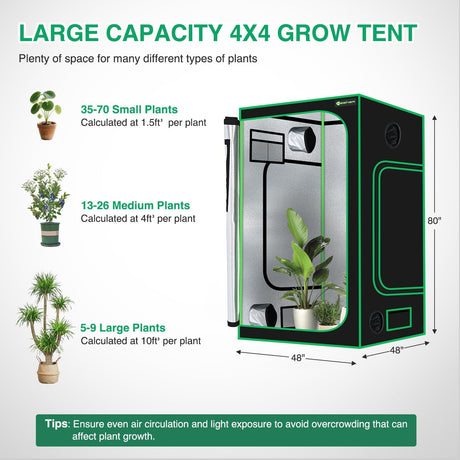 4x4 Grow Tent 48 Inchx48 Inchx80 Inch High Reflective Mylar Indoor Growing Tents 600D Oxford Cloth with Observation Window and Removable Floor Tray for Hydroponics Indoor Plants Fruit Flower Veg Growing