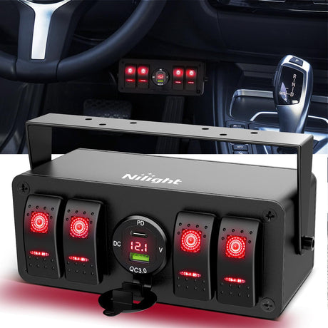 Rocker Switch 4 Gang Rocker Switch Box 12V SPST ON Off Toggle Switches PD Type C and QC 3.0 USB Charger Voltmeter LED Light Waterproof Aluminum Mount Bracket Panel DIY Stickers for Boat Car RV Truck
