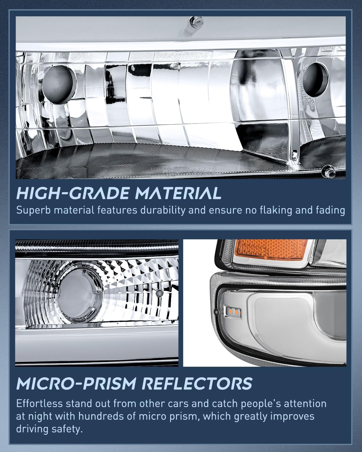 LED DRL Headlight Assembly for 1999 2000 2001 2002 Chevy Silverado 1500 1500HD 2500 2500HD 3500 Chevrolet Tahoe Suburban Replacement Headlamp Clean Lens Chrome Housing Amber Bumper Lights Set