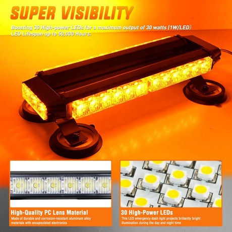 14.5 Inch 30LED Strobe Light Bar Double Side Rooftop Emergency Flashing Lights Amber Safety Warning Hazard Light Bars with Magnetic Base for Construction Vehicles Plow Trucks Pickup