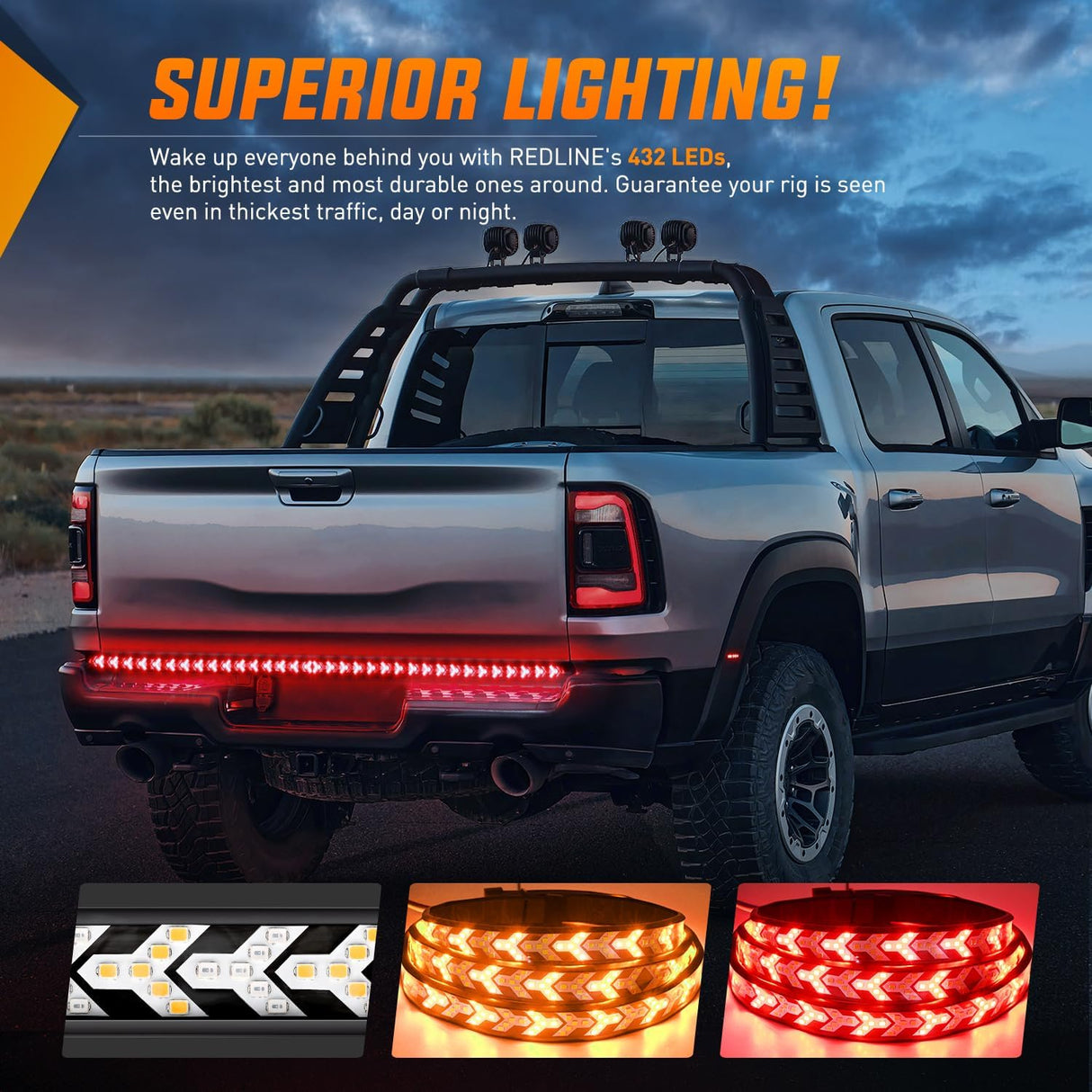 Truck Tailgate Light Strip 48Inch Arrow 432 LED with Red Running Brake Lights Amber Turn Signals Strobe Lights