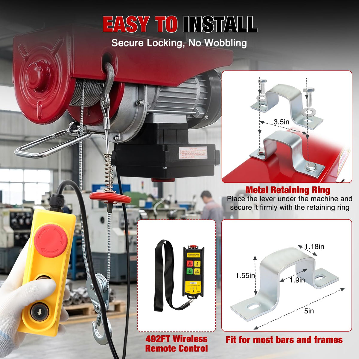440LBS Electric Hoist 110V Electric Hoist Winch with Wireless & Wired Remote Control, Hoist Lift Winch Single/Double Slings 39FT Lifting Height w Emergency Stop for Garage Warehouse Factories
