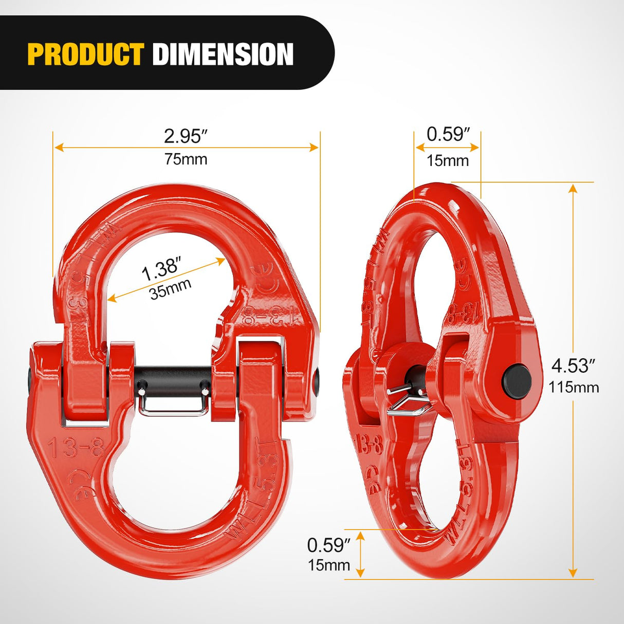 Safety Chain Connector Link, 1/2In Tow Hitch Hammerlock Coupling Link, 2 Pack Forged Steel Tow Chain Connector for Chain Link/Recovery Rope Link/Shackle, 12000 lbs Load Limit, Red