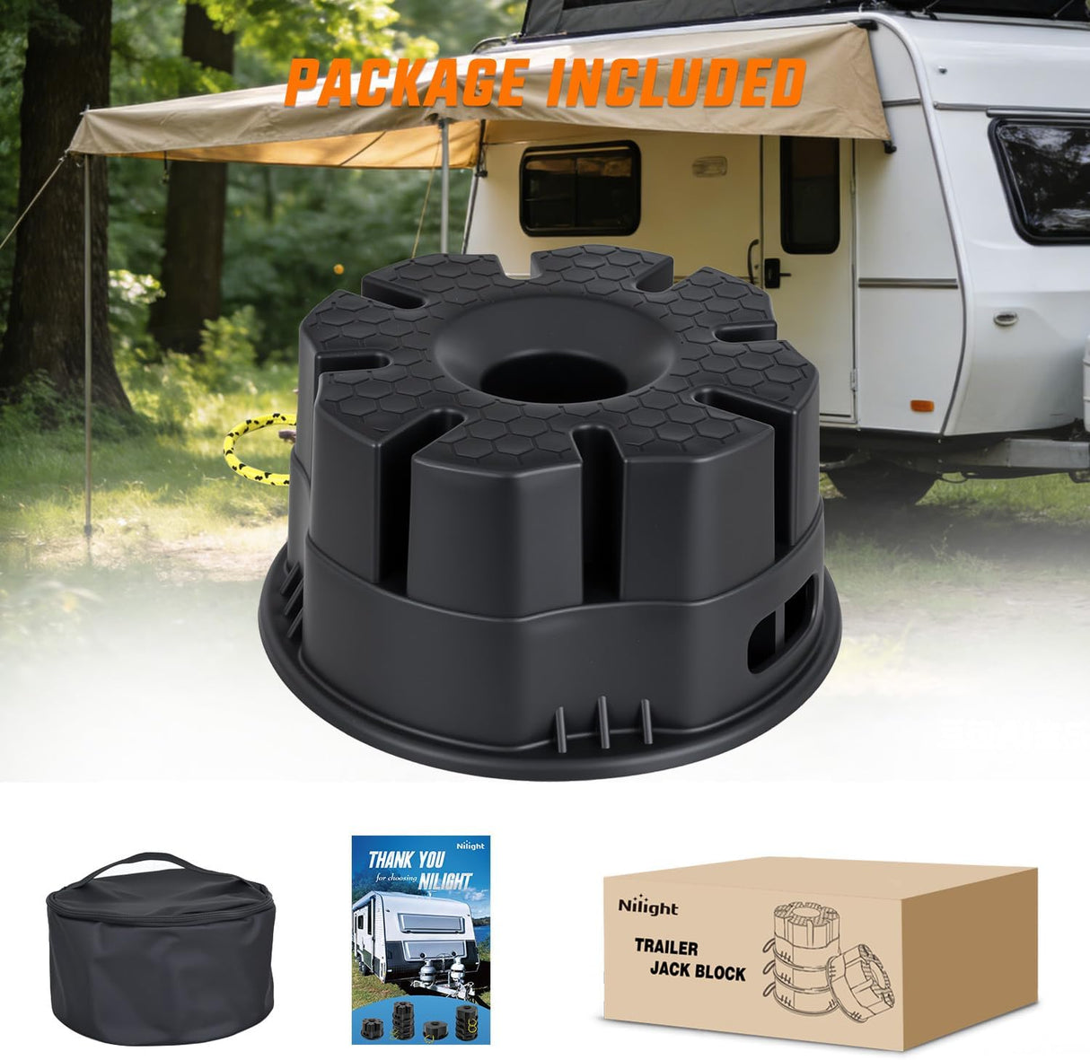 Trailer Jack Block, 6 Inch RV Camper Stabilizer Blocks for Travel Trailer with Bag, Heavy Duty RV Leveling Block with 40000lbs Capacity Universal for Tongue Jack Post Foot 5th Wheels Black 4 Pack
