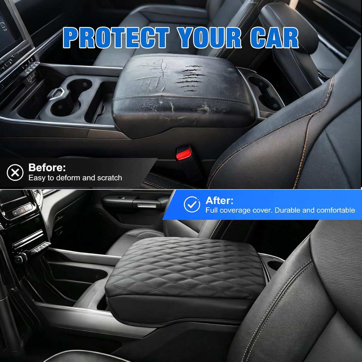 Center Console Cover for Dodge Ram 1500/2500/3500 2019-2025 2026 | for Ram Bucket Seat Accessories Nappa Leather Armrest Cover for Car Waterproof Anti-Scratch Middle Arm Rest Cushion, Black