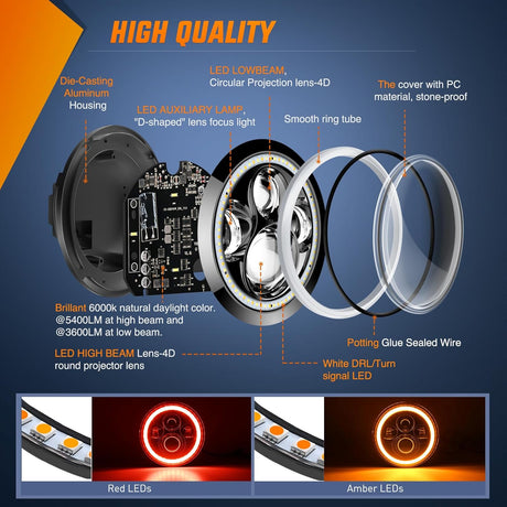 7 Inch Round LED Halo Headlights w/Turn Signal Amber Light Red DRL High Low Beam 7 Inch Headlight Compatible with 2007 2008 2009 2010 2011 2012 2013 2014 2015 2016 2017 2018 Wrangler JK JKU