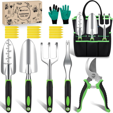 Gardening Tools 22-Piece Heavy Duty Garden Tool Set Gardening Supplies Gifts for Women Men Gardening Hand Tool Kit with Non-Slip Ergonomic Handle, Garden Bag, Gloves, 15 Plant Tags, Black Green