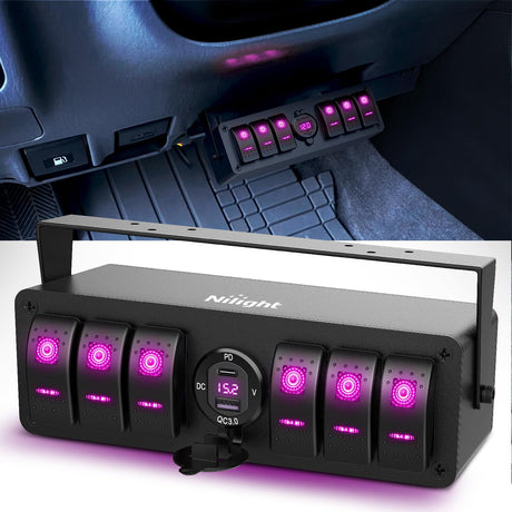 6 Gang Rocker Switch Box 12V SPST ON Off Toggle Switches PD Type C and QC 3.0 USB Sockcet Voltmeter Purple LED Light Waterproof Aluminum Mount Bracket Panel DIY Stickers for Boat Car RV Truck