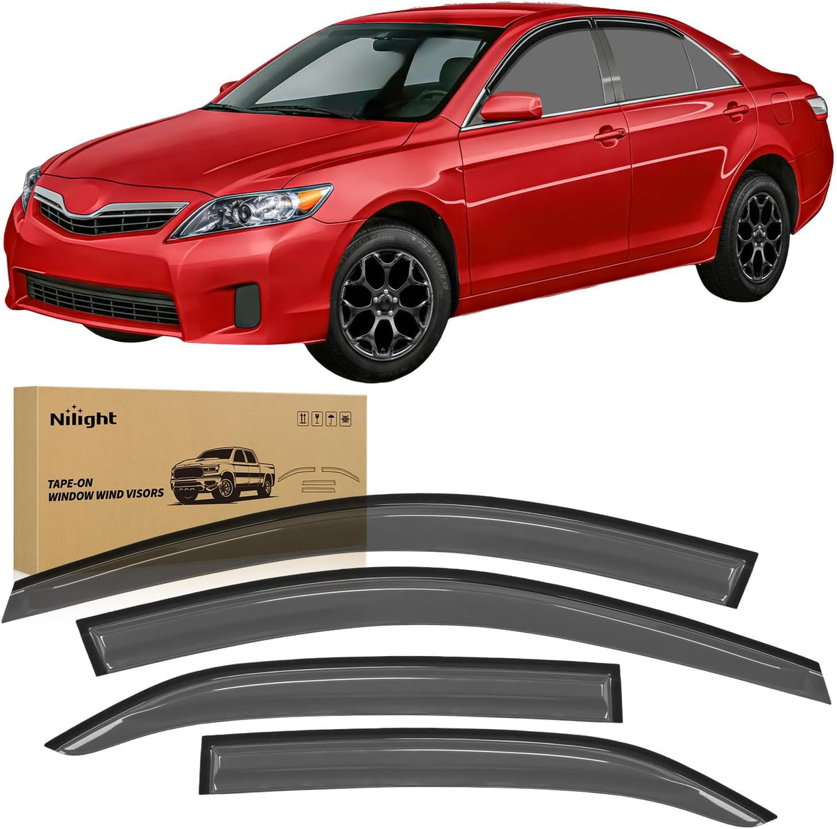 Window Visors for Toyota Camry 2007 2008 2009 2010 2011 | Tape-On Rain Guards Outside Mount Vent Visors Window Deflectors Smoke Tint, 4PCS