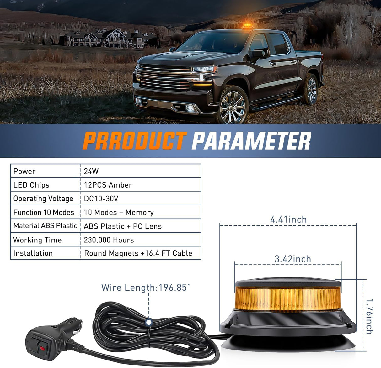 Amber Beacon Light 12V-24V Aluminum Base Flashing Safety Warning Lights Permanent & Magnet Mount LED Emergency Rotating Strobe Light for Forklift Truck Tractor UTV Snow Plow, 2 Years Warranty
