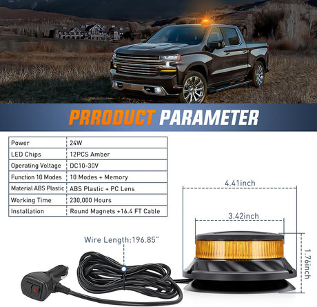 Amber Beacon Light 12V-24V Aluminum Base Flashing Safety Warning Lights Permanent & Magnet Mount LED Emergency Rotating Strobe Light for Forklift Truck Tractor UTV Snow Plow, 2 Years Warranty