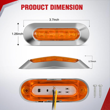 20PCS Amber Red Oval Side Marker Lights 4 LED 3.7 Inch Clearance Lamp IP68 Waterproof DC 12-24V with Chrome Bezel Universal for Car Auto Truck Bus Trailer Boat Deck