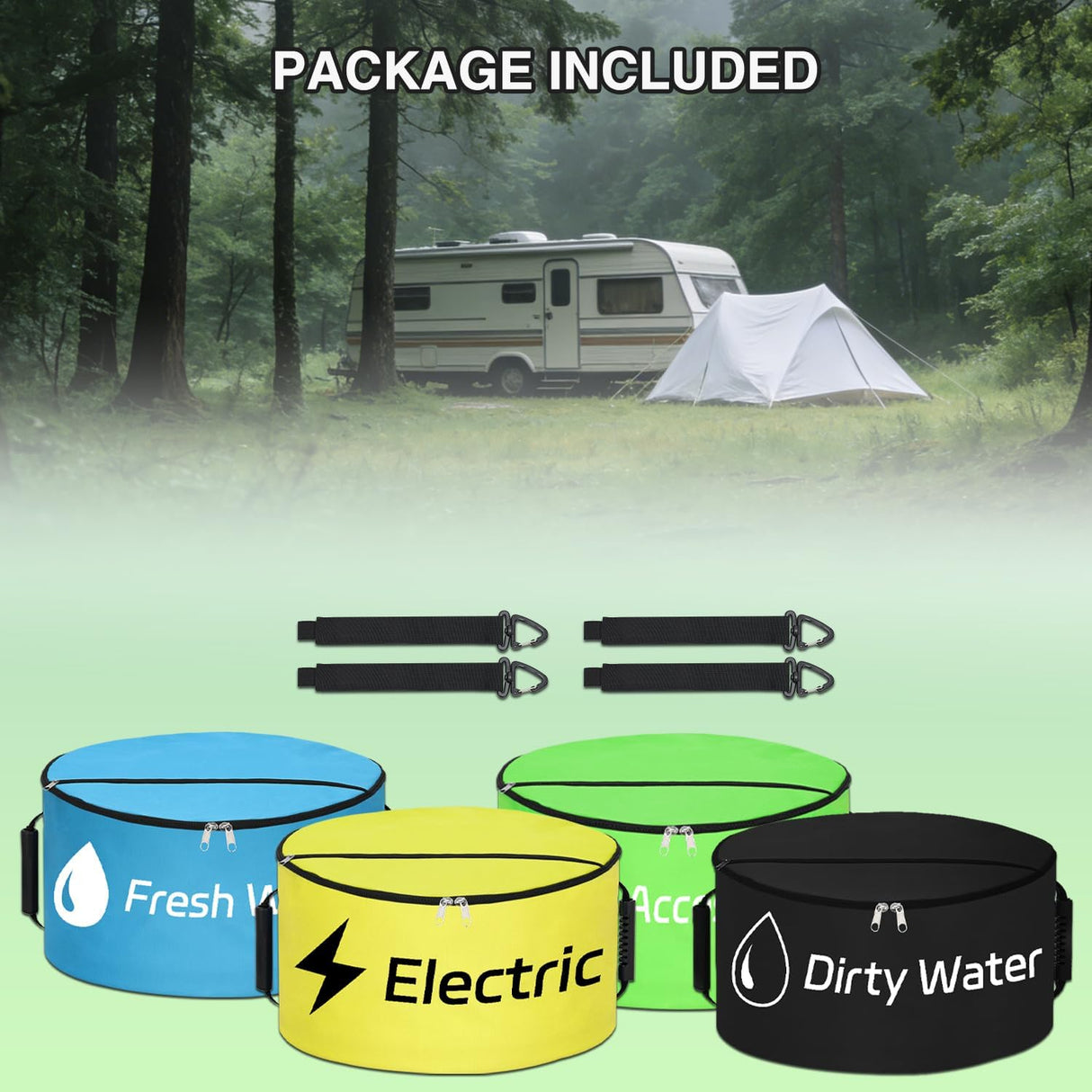 4 Pack RV Hose Storage Bag, Waterproof Utility Bag with Dual Zipper Closure, Handle & Straps RV Storage and Organization for Sewer, Fresh Water Hoses Electrical Cords Camper Tools Accessories