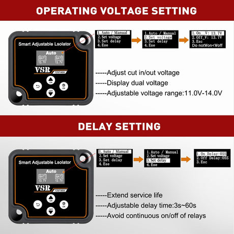 Dual Battery Isolator Kit Smart Adjustable 12V 140 AMP Auto Manual Voltage Sensitive Relay VSR Automatic Disconnect Switch Delay Setting Waterproof for Truck Car Van RV ATV UTV Marine Boat