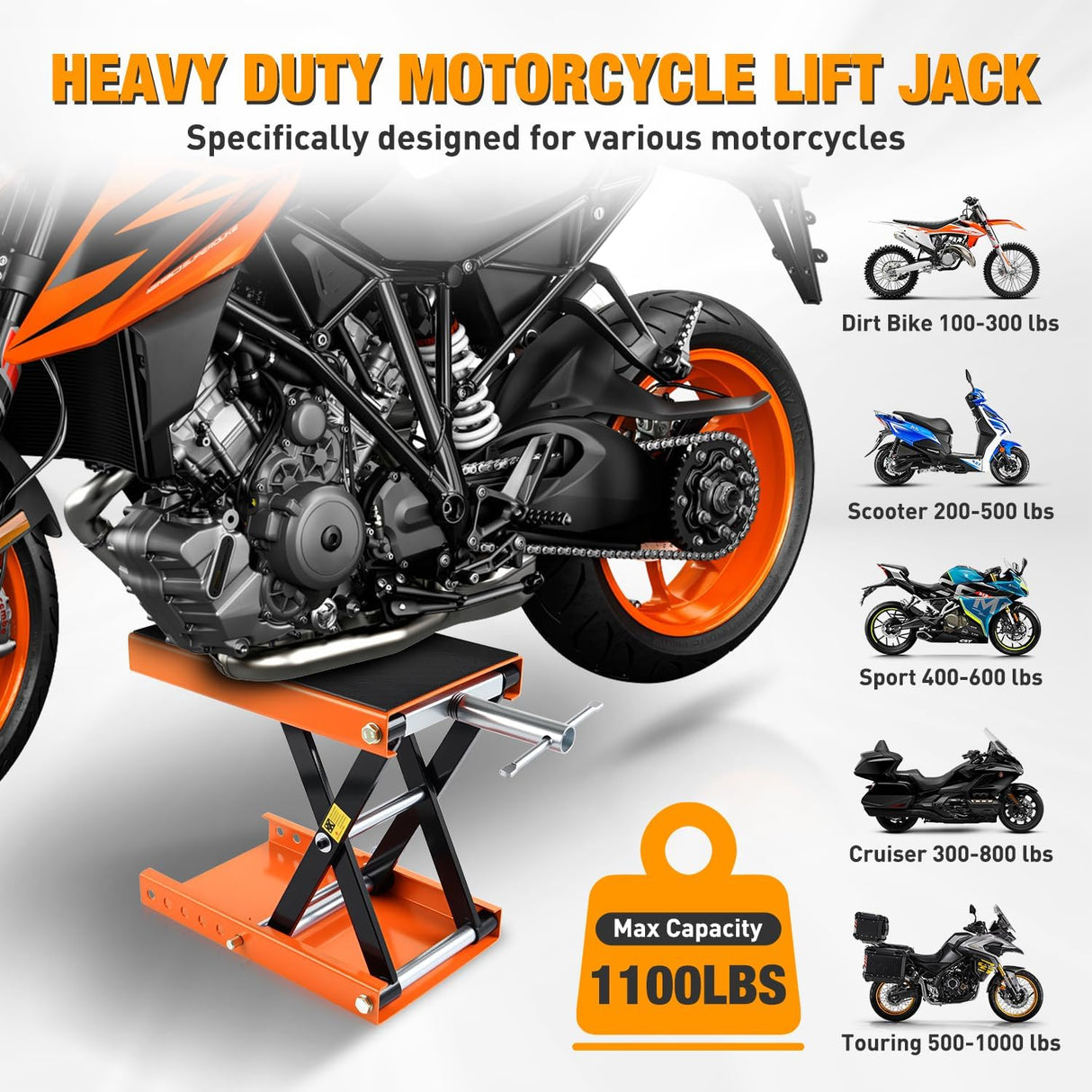 Motorcycle Lift Jack 1100 LBS Scissor Jacks Stand Lift with Wide Deck Safety Pin Handle 3.4 Inch-14.2 Inch Height Adjustable Hoist Stand Garage Repair Lifter for Motorcycles ATV Dirt Bike, Orange