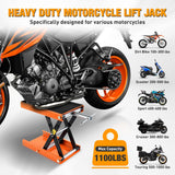 Motorcycle Lift Jack 1100 LBS Scissor Jacks Stand Lift with Wide Deck Safety Pin Handle 3.4 Inch-14.2 Inch Height Adjustable Hoist Stand Garage Repair Lifter for Motorcycles ATV Dirt Bike, Orange