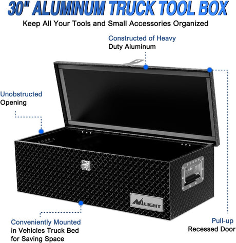 30 Inch Truck Tool Box Heavy Duty Aluminum Diamond Plate Truck Bed Toolboxes 30''X13''X9.6'' Waterproof Pick-Up Storage Tool Boxes for Bed of Truck RV Trailer with Side Handle Lock Keys, Black