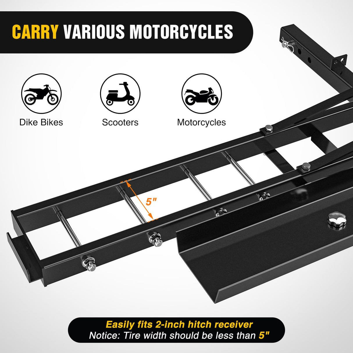 Motorcycle Hitch Carrier 600LBS, Heavy Duty Dirt Bike Hitch Hauler with 55.11 Inch Longer Ramp, Pin, Tie-Down Strap and Tightener, 2 Inch Receiver, 5 Inch Wide Tire