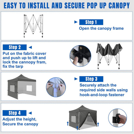 10x10 Pop Up Canopy Tent with 4 Sidewalls Portable Folding Outdoor Canopy Easy Setup Gazebo Waterproof Instant Popup Shelter Tent w Wheeled Carry Bag sandbags for Events Parties Camping, Gray