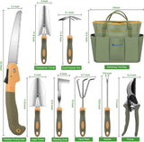 Gardening Tools 9-Piece Heavy Duty Garden Tool Set Gardening Supplies Gifts for Women Men Gardening Hand Tool Kit w Non-Slip Ergonomic Rubber Handle, Durable Garden Bag, Pruning Shears, Green