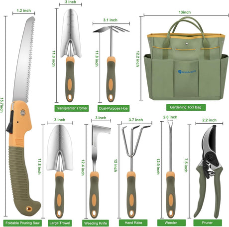 Gardening Tools 9-Piece Heavy Duty Garden Tool Set Gardening Supplies Gifts for Women Men Gardening Hand Tool Kit w Non-Slip Ergonomic Rubber Handle, Durable Garden Bag, Pruning Shears, Green