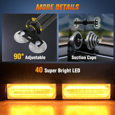 40LED Amber Emergency Strobe Traffic Advisor Light Bar with Suction Cups Dash Safety Warning Hazard Flashing Lights Interior Front/Rear Windshield for Trucks Construction Vehicles