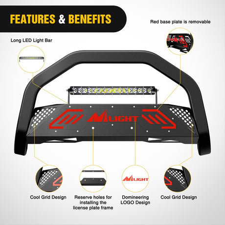 Bull Bar with Light Bar&License Plate Hole Compatible for Ford F-150 F150 2004-2026 Truck Brush Guard, Front Bumper Push Bar w/Grille Skid Plate Light Mount