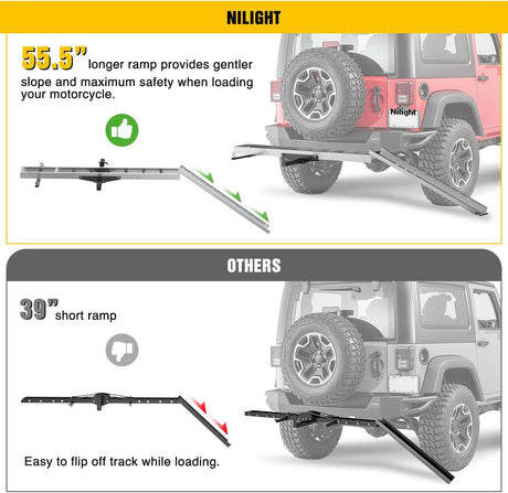 Motorcycle Hitch Carrier 400LBS, Lightweight Robust Aluminum Dirt Bike Hitch Hauler with 55.11 Inch Longer Ramp, Pin Lock, Tie-Down Strap and Tightener, 2 Inch Receiver, 5 Inch Wide Tire