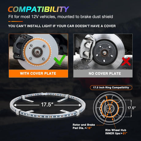 4PCS 17.5inch Double Row Wheel Ring Lights Dream Color with APP and Remote Control Neon Lights w/Turn Signal and Braking Function Dual Row for Car Van SUV Truck
