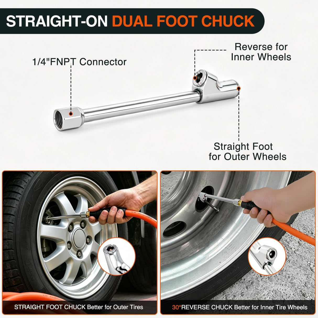 Heavy Duty Truck Tire Inflator Kit 3/8 in x 50 FT 300 PSI | Hybrid Air Hose with Universal Glad Hand and Air Chuck Lightweight Kink Resistant Semi Trailer Tractor Tire Inflation Hose