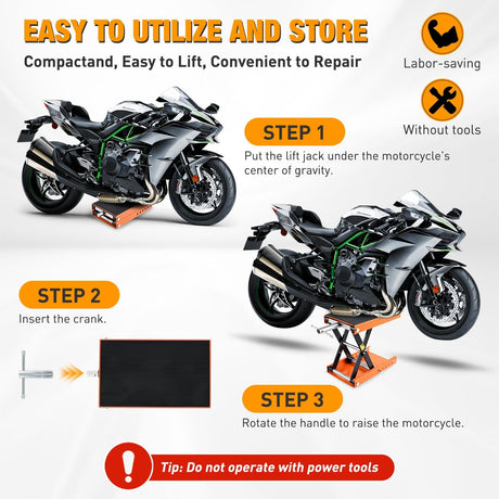 Motorcycle Lift Jack 1100 LBS Scissor Jacks Stand Lift with Wide Deck Safety Pin Handle 3.4 Inch-14.2 Inch Height Adjustable Hoist Stand Garage Repair Lifter for Motorcycles ATV Dirt Bike, Orange