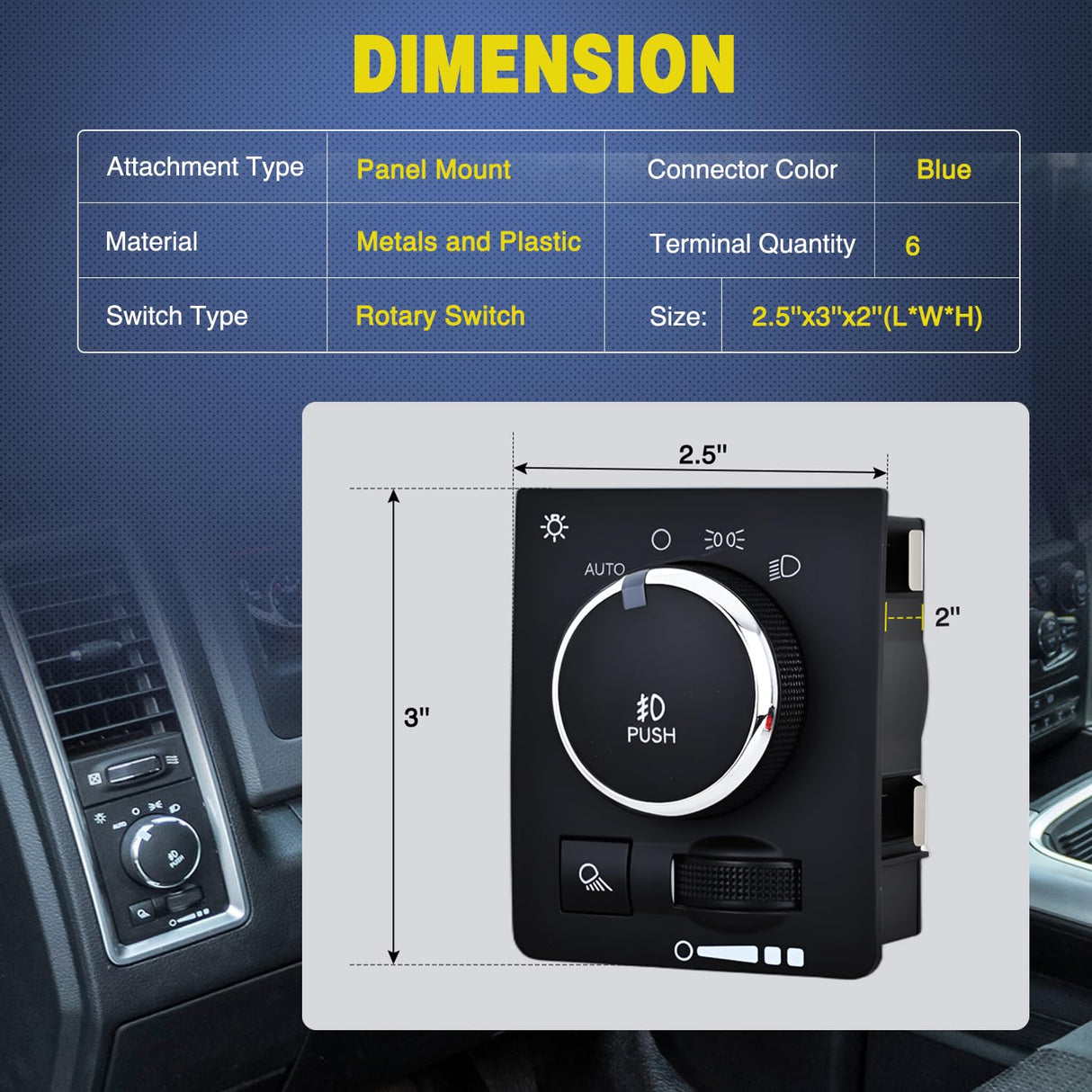 Headlight Dimmer Switch Compatible with 2010 Dodge Ram 1500 2500 3500 2011 2012 2013 2014 2015 2016 2017 2018 Ram 1500 2500 3500 4500 5500 2019-2023 Ram 1500 Classic w/Blue LED Light