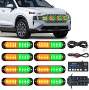 8PCS Led Strobe Lights with Controller 12V 24V Sync Feature Amber Green Strobe Light 12 LED Surface Mount Emergency Hazard Warning Lights with Strobe Controller for Vehicle Car Truck RV ATV