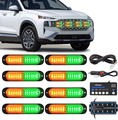 8PCS Led Strobe Lights with Controller 12V 24V Sync Feature Amber Green Strobe Light 12 LED Surface Mount Emergency Hazard Warning Lights with Strobe Controller for Vehicle Car Truck RV ATV