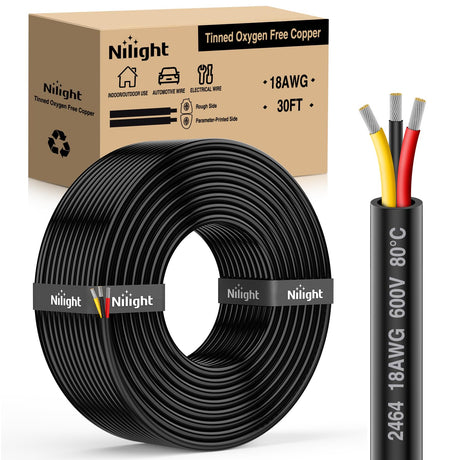 30FT 18AWG 3 Conductor Electrical Wire Tinned Oxygen Free Copper Red Black Yellow 3 Wires Parallel 600V DC Flexible PVC Case Extension Cords for LED Strips Lamps Lighting