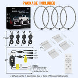 4PCS 17inch Double Row LED Wheel Ring Lights Pure White with Remote Control w/Turn Signal Braking and Reverse Function Dual Row for Car Van SUV Truck