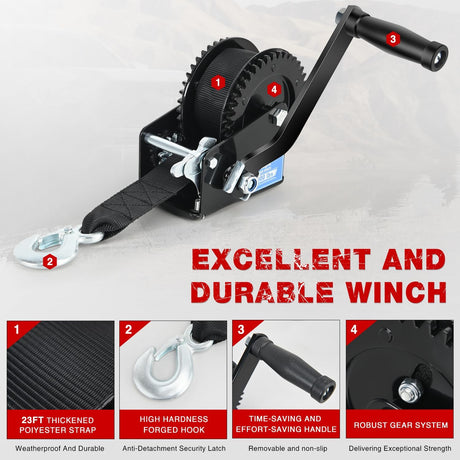 Boat Trailer Winch 2000 Lbs Hand Crank Winch Heavy Duty Boat Winches with 23Ft Strap Rope Hook 2-Way Ratchet 4:1 Gear Portable Marine Manual Winch for Trailers Boats RV ATV Jet Ski Towing