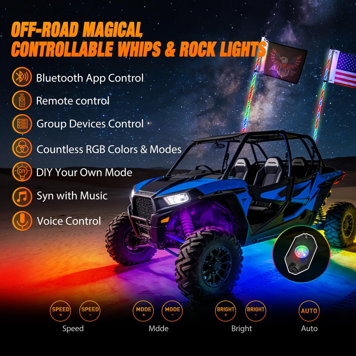 RGB LED Whip Light 2PCS 3FT with 6 Rock Lights Combo | APP and Remote Control with DIY Chasing Patterns Turn Signal Brake Reverse Functions and Spring Base for ATV UTV Jeep