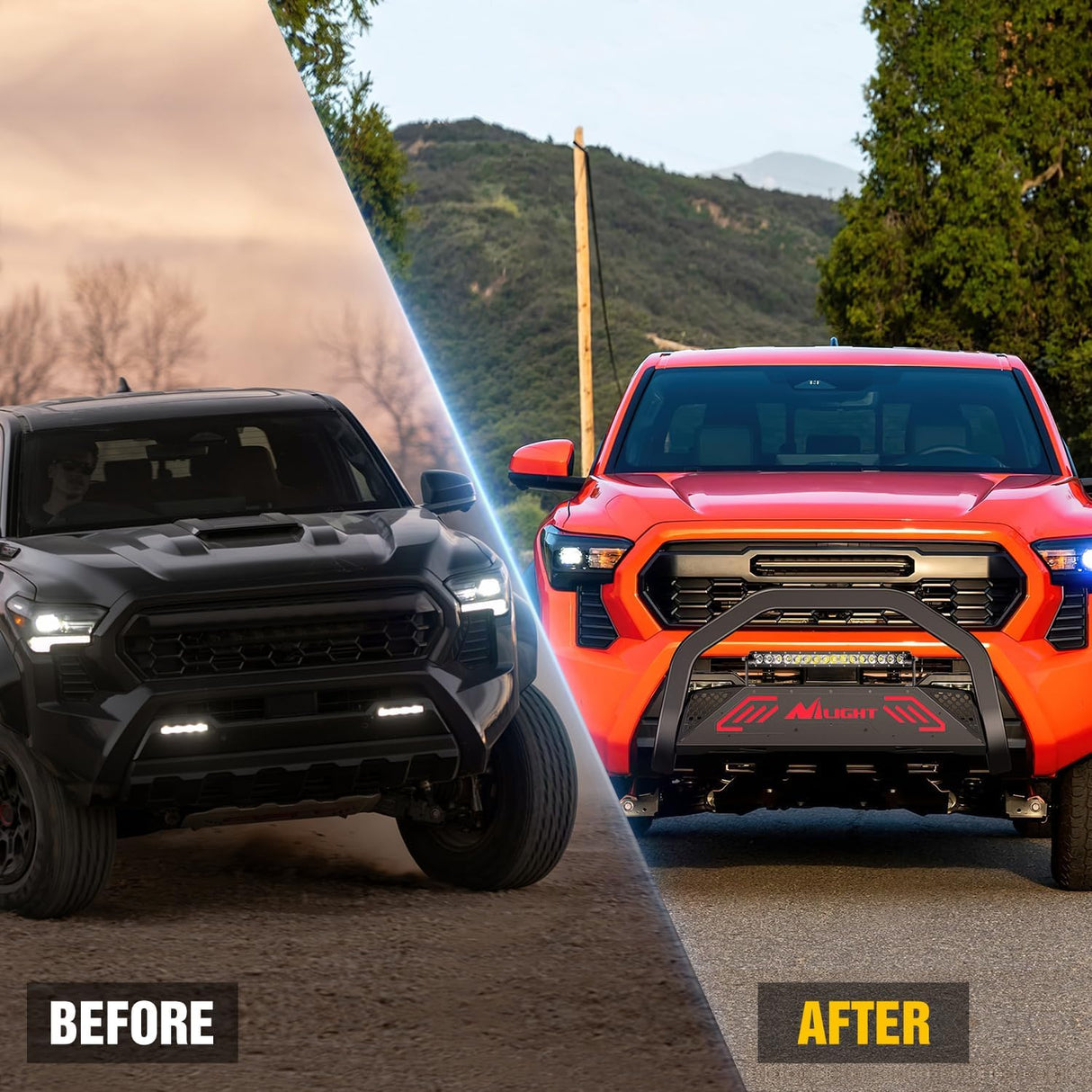 Bull Bar with Light Bar&License Plate Hole Compatible with Toyota Tacoma 2024 2025 2026 Truck Brush Guard, Front Bumper Push Bar w/Grille Skid Plate Light Mount