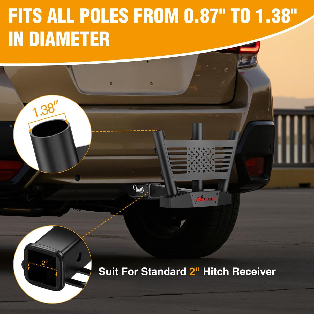 Triple Hitch Mount Flagpole Holder fits 2 Inch Receivers | Heavy Duty Metal Mount Kit Compatible with 0.87 to 1.38 Inch Diameter Flag Tube for Trucks SUV RV Pickup Camper Trailer Jeep
