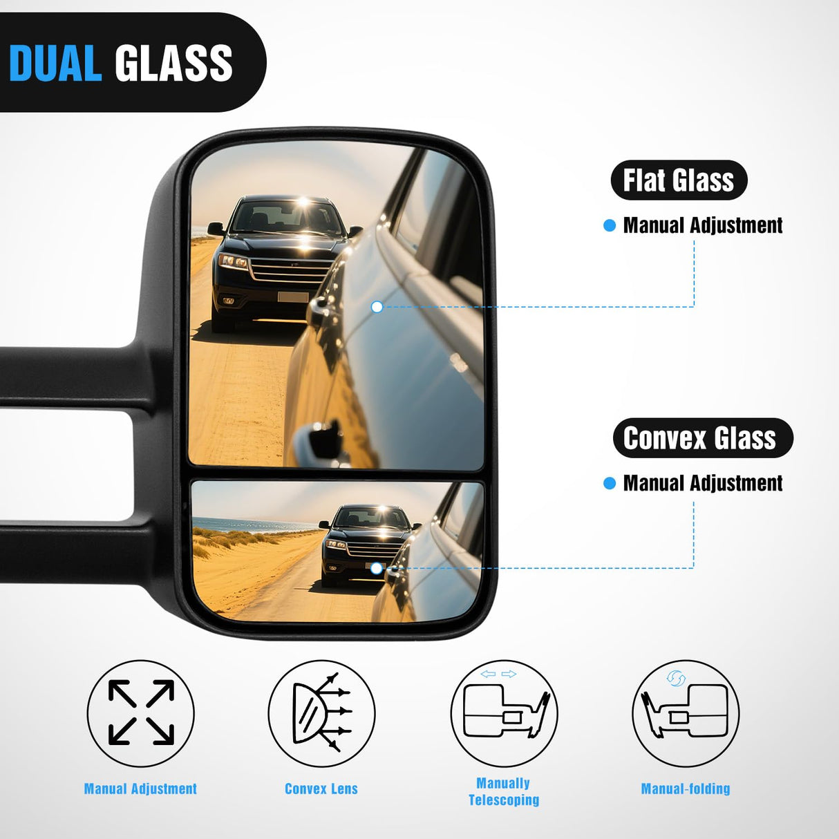 Towing Mirrors Manual Adjusted Flat Convex Glass Telescoping Folding Compatible With 1988-1998 Chevy Silverado GMC Sierra C/K 1500 2500 3500 Tahoe Suburban Yukon