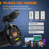 4 Gang Rocker Switch Box 12V SPST ON Off Toggle Switches PD Type C and QC 3.0 USB Sockcet Voltmeter LED Light Waterproof Aluminum Mount Bracket Panel DIY Stickers for Boat Car RV Truck