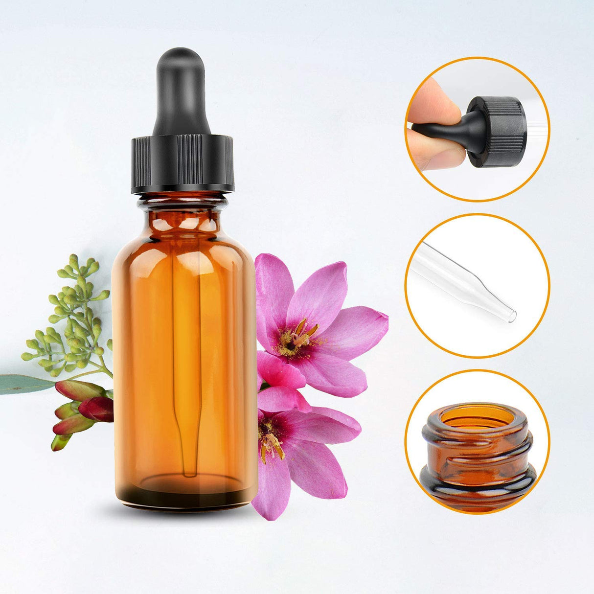 1oz Amber Glass Bottles for Essential Oils with Glass Eye Dropper - Pack of 6
