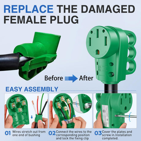 50 Amp RV Female Replacement Plug 125/250 Volt Heavy Duty Receptacle with Handle ETL Listed NEMA 14-50R for Camper Caravan Motorhome Van Trailer